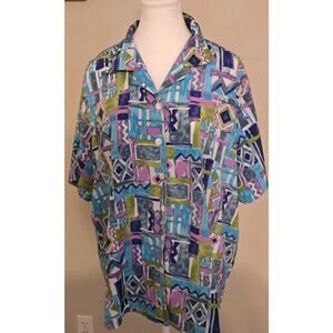 Truffles By YB Womens Shirt XL Blue White Purple Green Geometric Pattern EUC